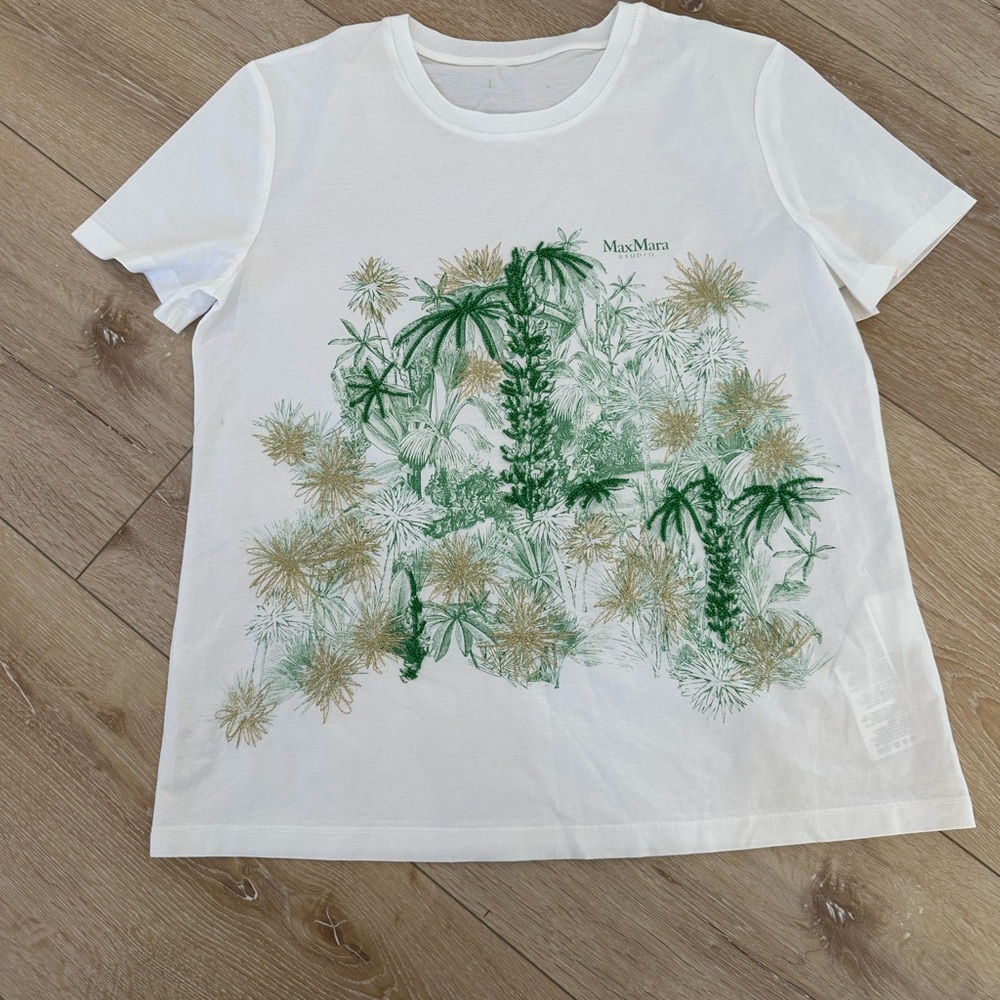 MaxMara White Short Sleeve Tee with Green and Gold Botanical Print - Picture 2 of 14